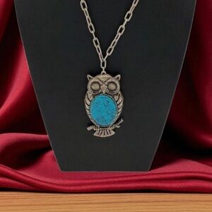 Mystical Vintage Pewter Owl Colored Stone Pendant on Necklace Chain Boho Witchy